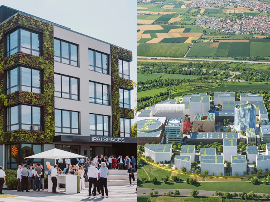 Die IPAI SPACES in Heilbronn (links) wurden im Juni 2024 eröffnet. Das Gebäude im Zukunftspark Wohlgelegen ist der Interimsstandort bis zur Fertigstellung des IPAI CAMPUS (Visualisierung rechts) direkt an der A 6.